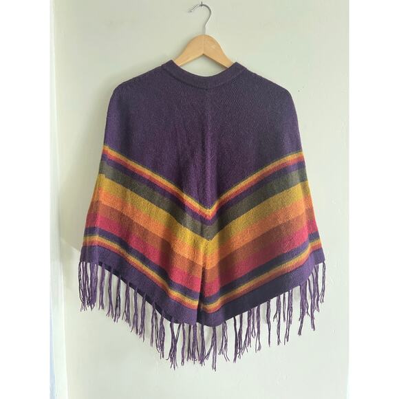 Alpaca Made in Peru Poncho Fringe Purple Stripe Thick Warm Handmade - Picture 1 of 4